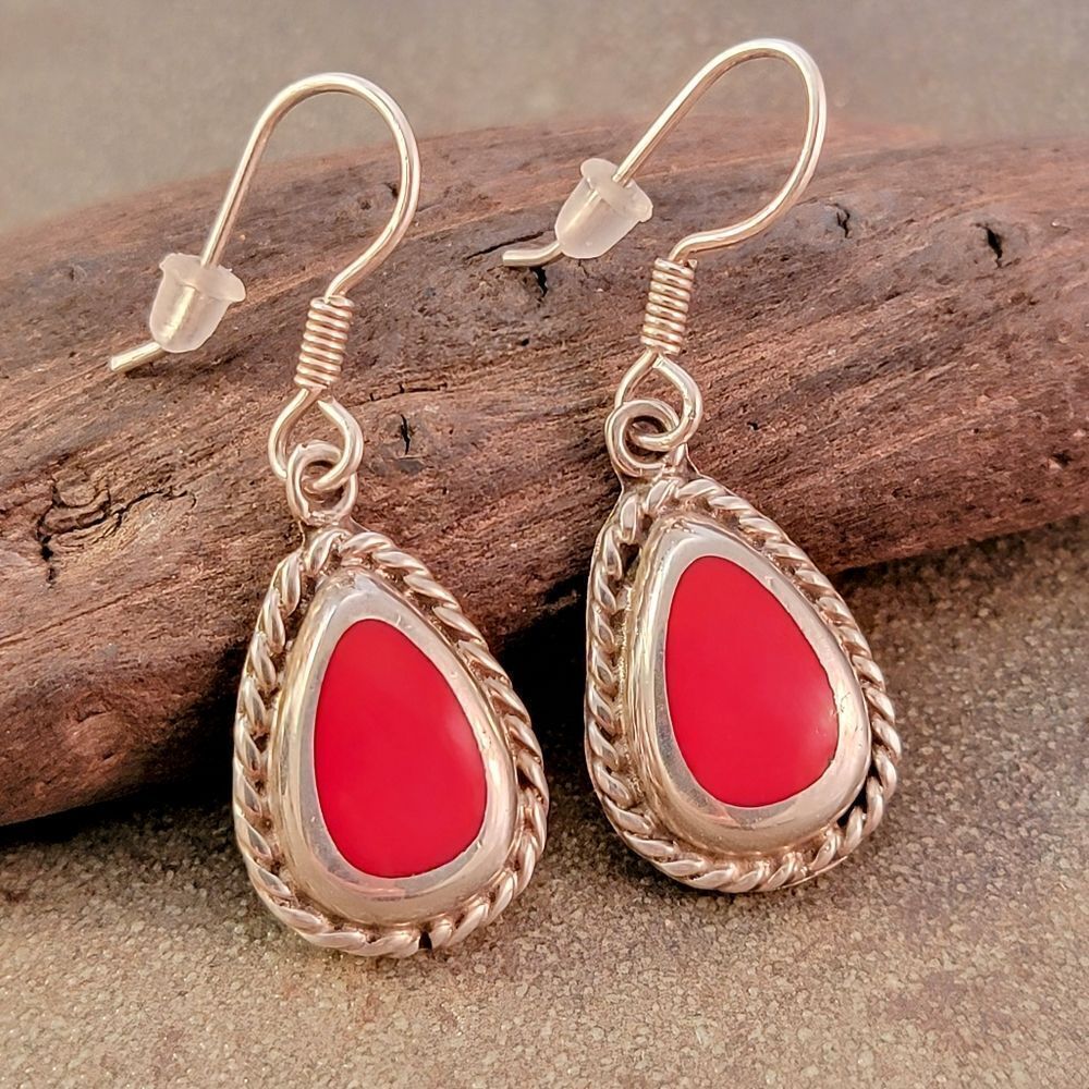 Sterling Red Coral Twisted Cable Bezel Teardrop Earrings